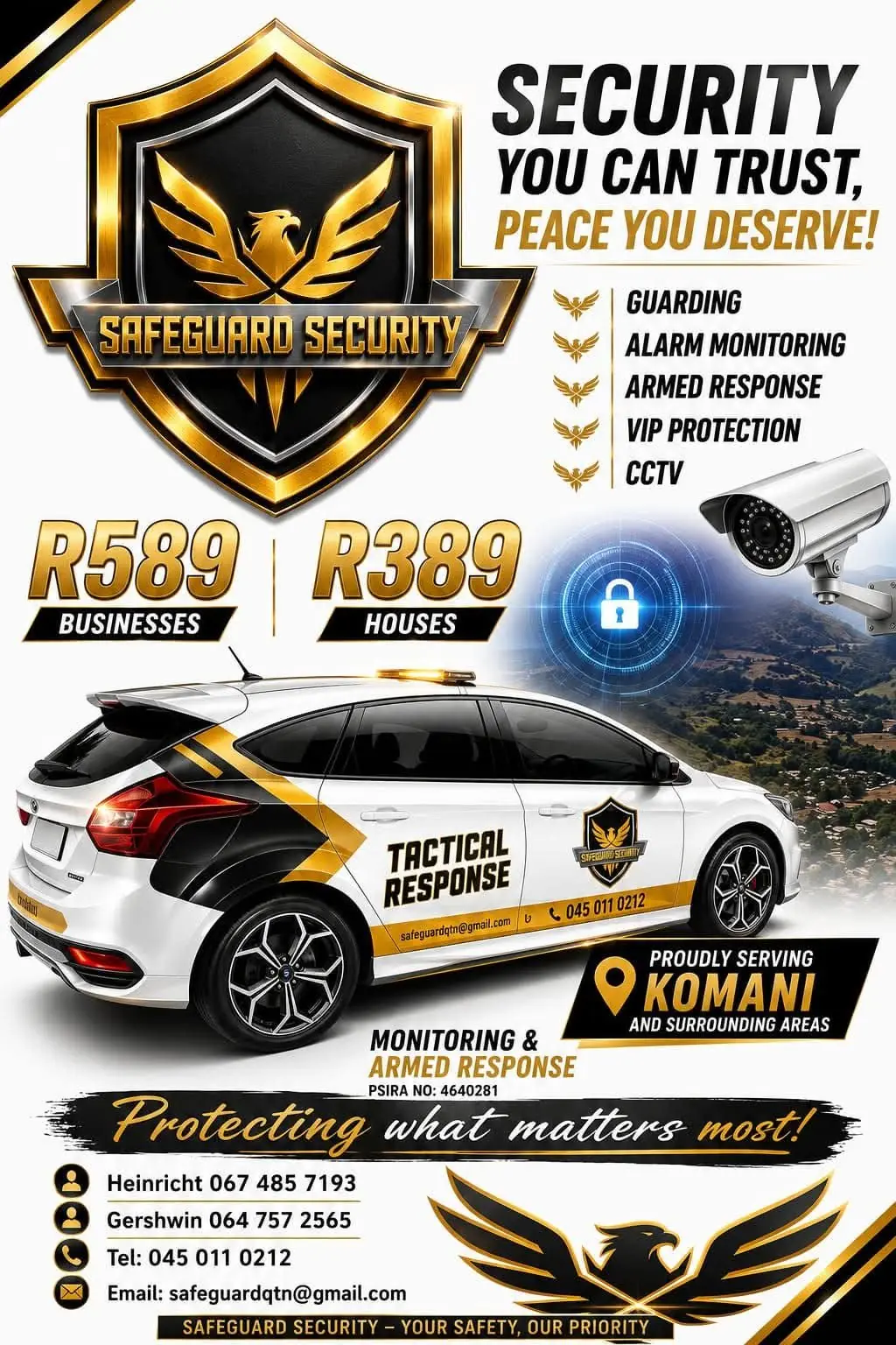 Safeguard Security pricing flyer with tactical response vehicle